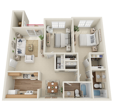 Village Square of Hot Springs 2 Bed/2 Bath 971 sq ft 3D Floor Plan